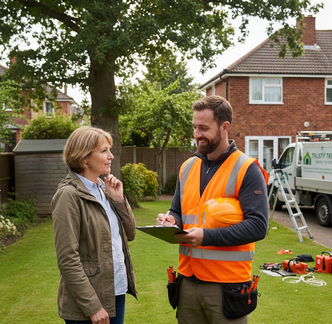 Tree surgeon providing written cost estimate to homeowner during site visit